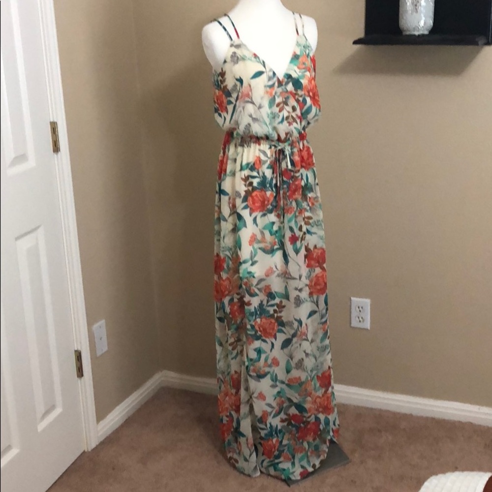 Elegant Guess Maxi Orange Floral w/ Slit Dress